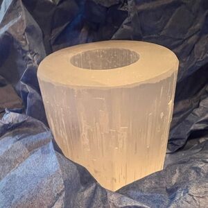 Selenite Tea light candle holder.  Natural carved stone piece.
